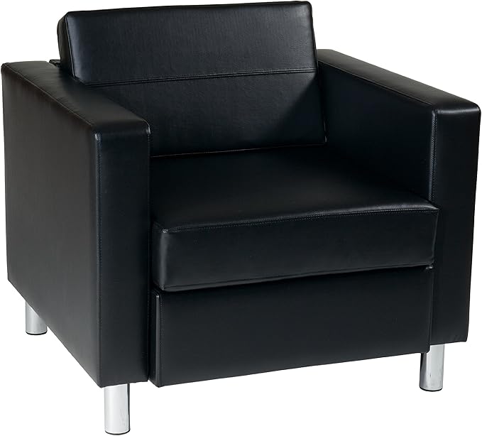 OSP Home Furnishings Pacific Armchair with Padded Box Spring Seats and Silver Finish Legs Black Vinyl