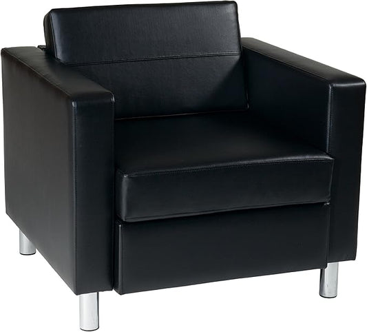 OSP Home Furnishings Pacific Armchair with Padded Box Spring Seats and Silver Finish Legs Black Vinyl