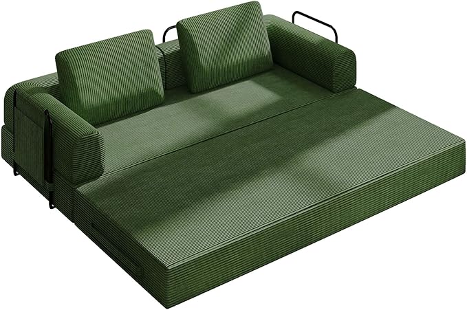 Convertible Sleeper Sofa Bed 3-Seat Corduroy Futon Couch with Cylindrical Pillow Foldable Mattress for Living Room &amp Bedroom 79 Inch Multi-Functional Sofa (Jade)