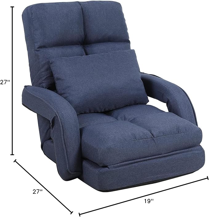 Indoor Floor Chair with Armrest and Pillow Folding Chaise Lounge Sofa 14-Position Adjustable Comfy Gaming Recliner Chair Padded Seats for Adults (Blue)