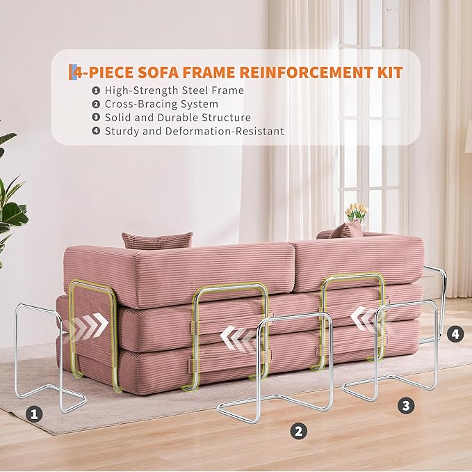 Convertible Sleeper Sofa Bed 78.8 Floor Sofa Bed 5-in-1 Folding Mattress Couch Loveseat with Fixed-Shape Frame Pillow Corduroy Fabric for Living Room Bedroom Lounge (Pink)