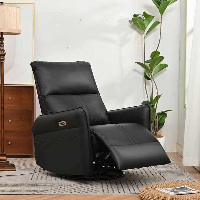 Power Swivel Rocker Recliner Chair for Adults 270° Rocking Recliner ChairElectric Small Recliners for Small Spaces Single Sofa Recliner for Living Room BedroomRV (Black+270°Swivel)