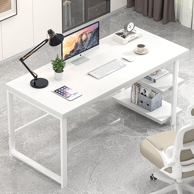 EXCEFUR White Computer Desk Modern Home Office Desk with Storage Shelf Wood and Metal Writing Study Table for Living Room Bedroom 53 Inch