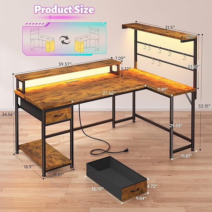EnHomee 53 Inch Computer Desk with Power OutletGaming Desk with LED LightReversible Office Desk with Hutch &amp Monitor Stand L Shaped Corner Desk with Drawers &amp HooksHome Office Writing Desk
