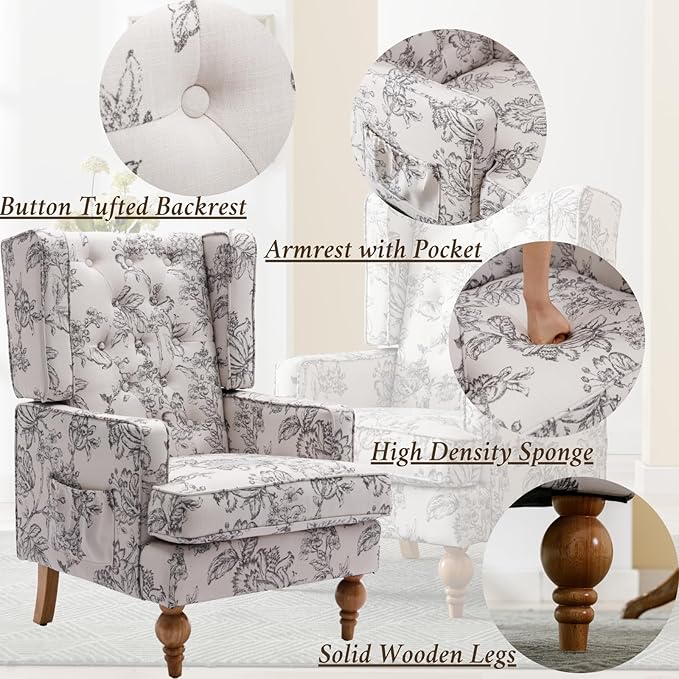 Mid-Century Accent Chair Upholstered Arm Chair Linen Fabric Side Chair with High Back Solid Wooden Legs Comfy Reading Chair for Living Room Bedroom Floral Pattern