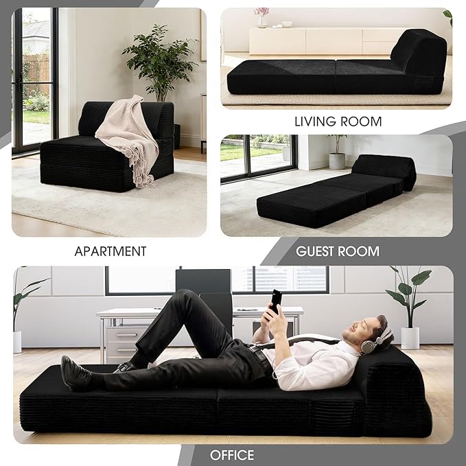 Folding Sofa Bed with Pillow Memory Foam Fold Out Chair Bed Convertible Sleeper Chair with Washable Cover Futon Floor Couch for Living Room/Dorm/Guest Use/Home Office/Apartment Black