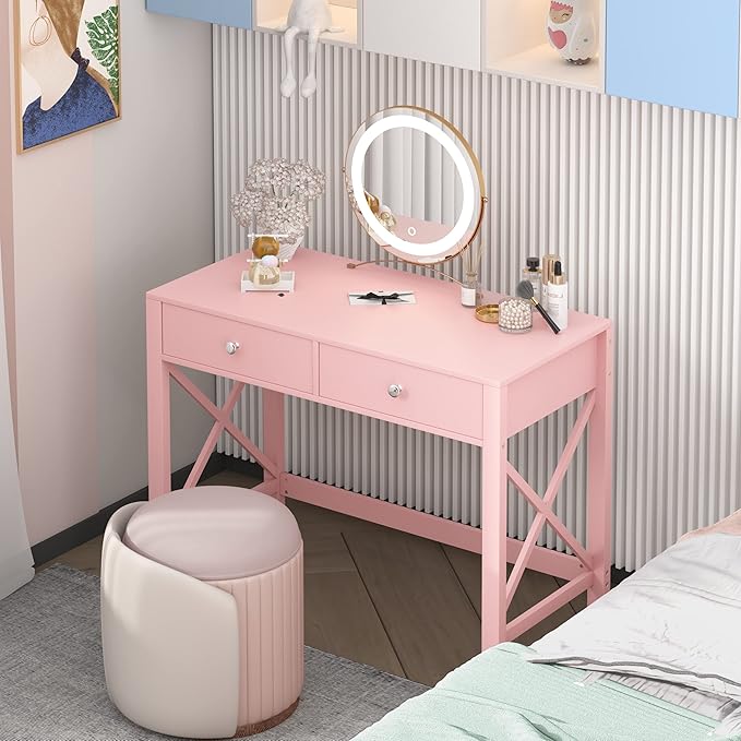 WiberWi Home Office Desk with Drawers Modern Writing Computer Desk for Bedroom Small Pink Makeup Vanity Table for Girls Study Table for Home Office