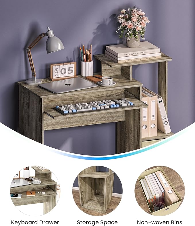 Computer Desk with Storage Working Table with Keyboard Drawer for Bedroom Home Workstation for Writing Working Studying