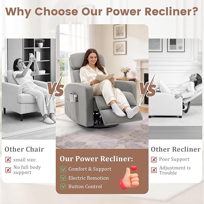 Power Swivel Recliner Chairs for Adults Electric Glider Rocking Chair Nursery Glider Recliner Nursery Chair with Classified Side Pocket Nursery Rocking Chairs with USB and Type-C Ports