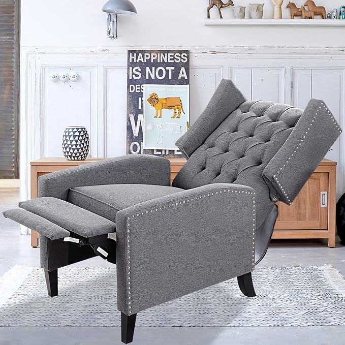 Grey Mid Century Modern Recliner Wingback Accent Chair with Push Back Mechanism Button Tufted Fabric Sofa &amp Nailhead Trim - Comfy Living Room Seating for Home Theater Office