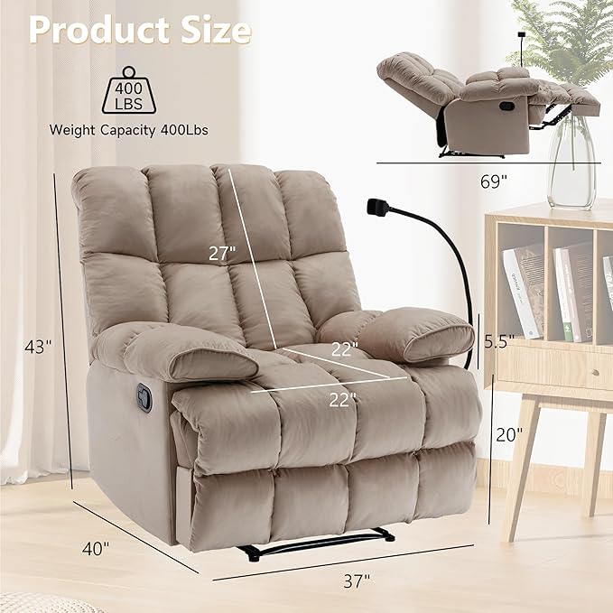 Oversized Recliner Chairs for Adults 400LBS Extra Wide Recliner with Overstuffed Armrest and Backrest Velvet Big and Tall Recliners for Living Room Beige