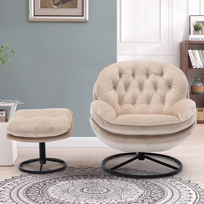 Accent Chair TV Chair Living Room Chair with Ottoman Modern Velvet Lounge Chair with Ottoman Set with Metal Legs Swivel Leisure Chair for ClubHome Office (Beige/TV@)