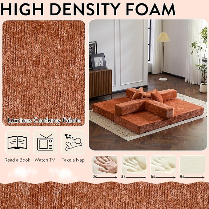 4-in-1 Convertible Folding Sleeper Sofa Bed Fold Out Floor Sofa Couch with Fixed-Shape Frame Cloud Corduroy Foldable Mattress Couch for Living Room Bedroom (78.5 Chenille Orange)