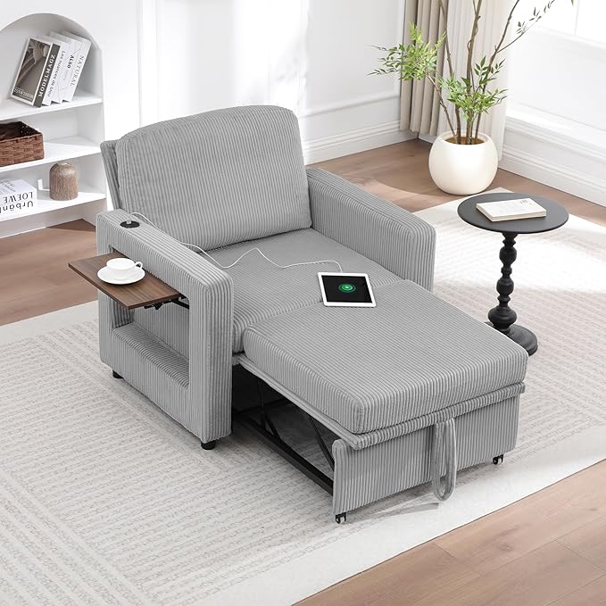 3 in 1 Folding Convertible Sleeper Sofa Bed Pull Out Couch with Side Pockets USB Port Side Table Single Sofa Bed with Adjustable Backrest for Living Room Bedroom 66 LIGHTGREY 1 SEAT
