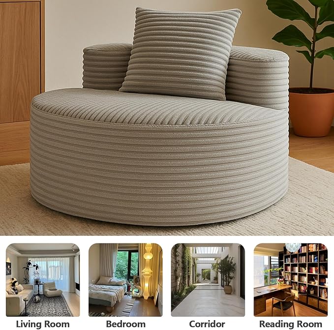 45 Oversized Round Chair Boneless Reading Chair with Comfy Pillow for Living Room Circle Cloud Chair for AdultsCorduroy Memory Foam Large Seat No Assembly Required (Smoke Grey)
