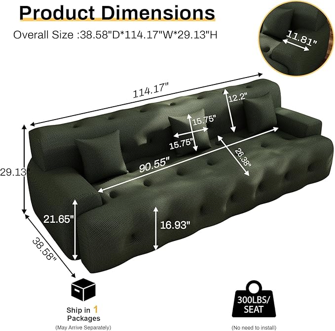 OUYESSIR 114 Boneless CouchCloud Couch3D Mesh Fabric Comfy Sofa3 Seater Modern Curved Sofa for Living RoomBedroom and ApartmentNo Assembly RequiredGreen