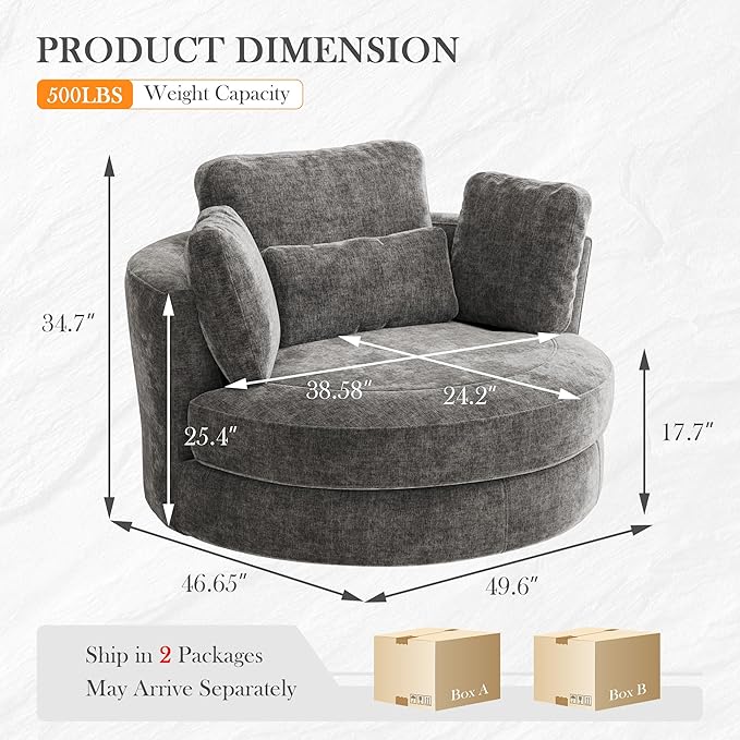 Aoiy &amp Wifon 50'' W Oversized Swivel Barrel Chair Gray Swivel Accent Chair for Living Room Round Oversized Arm Chair with 4 Pillows Deep Seat &amp Extra Wide Chenille
