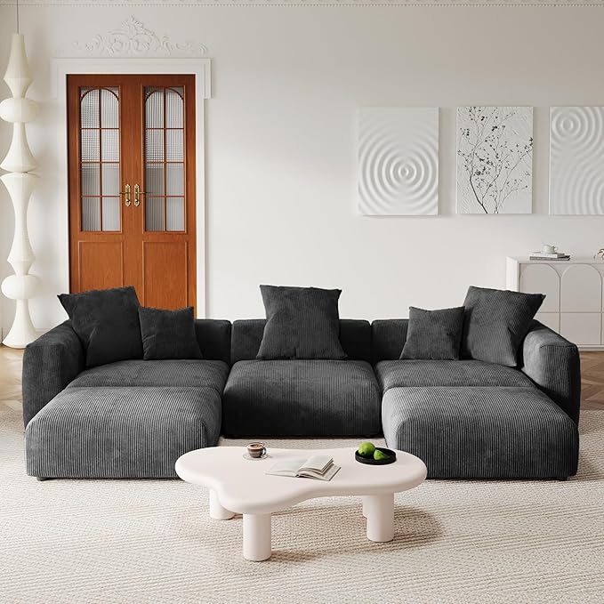 141.73 Modular Sectional Sofa Slipcovered Corduroy U Shaped Sofa Couch with 2 Ottomans5 - Piece Convertible Sectional with 5 PillowsCushion Covers Removable&amp Washable (Black)