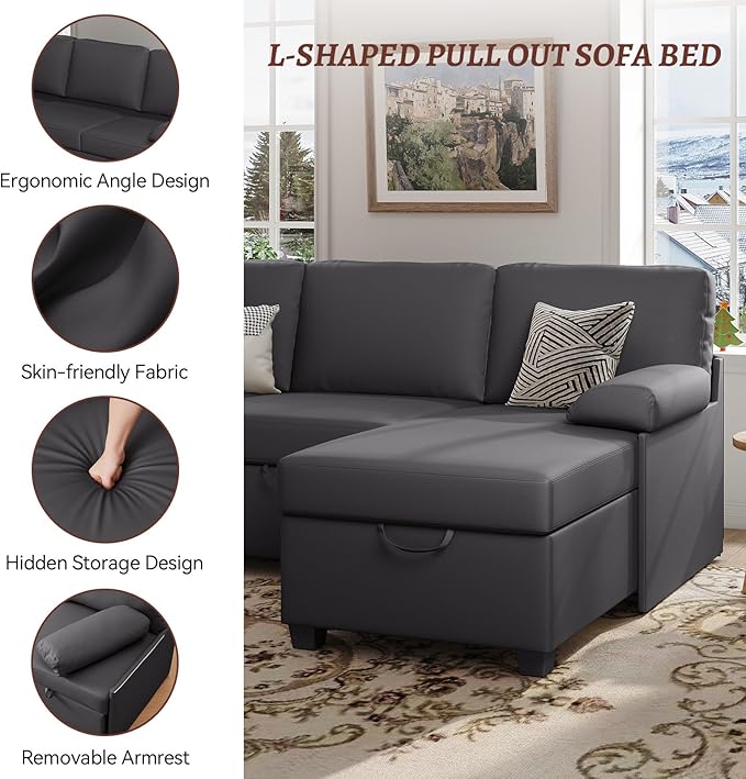 80 inch Convertible Sectional Sofa L-Shaped Sofa Sleeper with Reversible Chaise Faux Leather Couch Bed with StorageRemovable ArmrestModern Pull Out Bed for Living Room BedroomGray