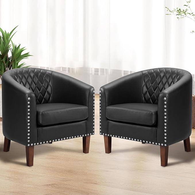 PrimeZone Barrel Chair Set of 2 Comfy Accent Chair Faux Leather Living Room Chairs Club Chair with Cushion Nailhead Trim and Diamond Grid Backrest Reading Chair for Bedroom Waiting Room Black