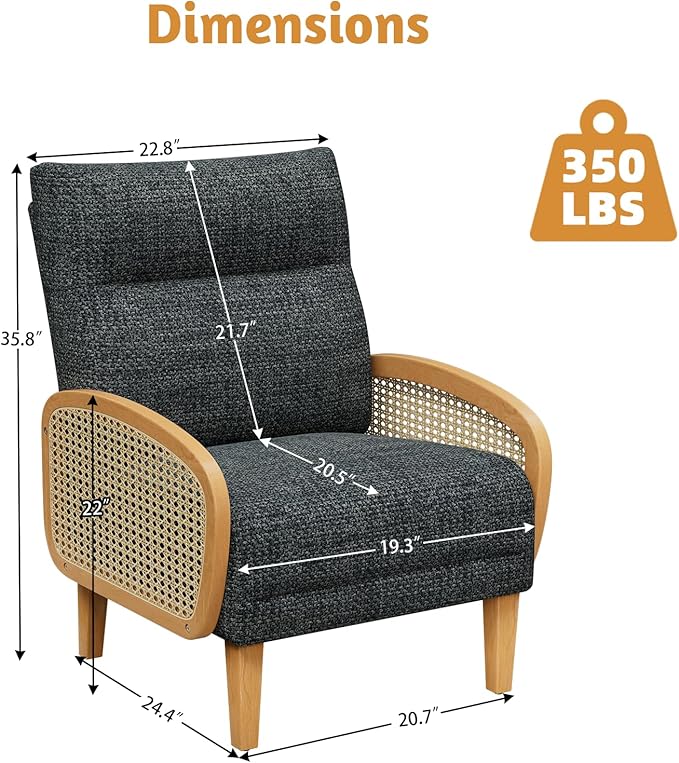 Rattan Accent Chairs Set of 2 Arm Chair with High Resilience Cushion Armchair with Sturdy Ash Wood for Living Room Dark Gray