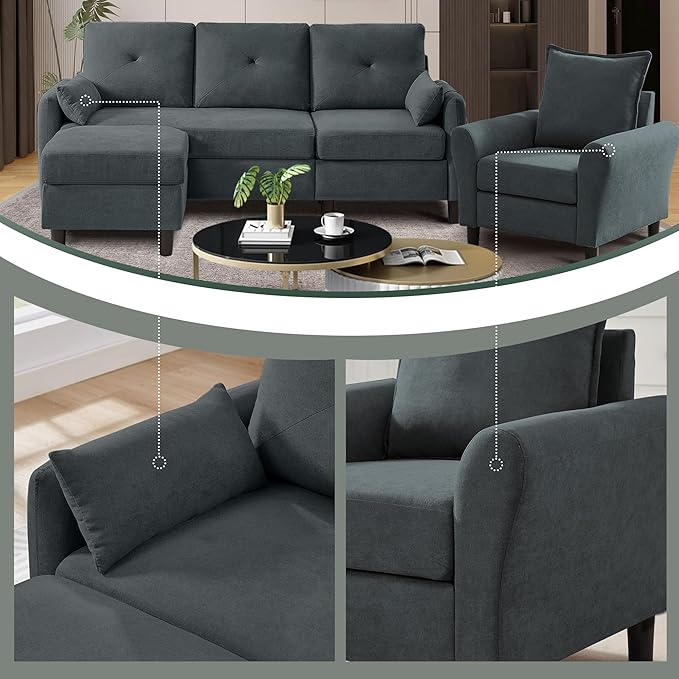 Convertible Sectional Sofa 77 Small L Shaped 3 Seat Couch with Reversible Storage Chaise and Accent Chair Set Modern Polyester Fabric Sofa Couches for Living Room Apartment Dark Grey