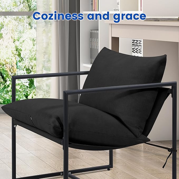 Kromax Sling Accent Chair Set of 2 Cozy Living Room Chairs Square Metal Frame Upholstered Soft Cushion Sponge 28 x28“x32 Easy Assembly Black