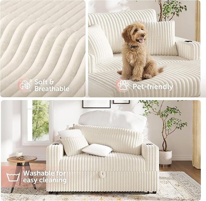 52” 3-in-1 Convertible Pull-Out Sofa Bed Sleeper Loveseat with Built-in Cup Holders Reclining Backrest Pet-Friendly Corduroy Sofa for Small Space - White