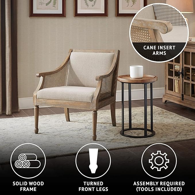 Martha Stewart Isla Accent Chairs for Living Room with Solid Wood Frame Cane Webbed Swoop Track Arms Turned Legs Farmhouse Coastal Cottage Deep Seating Lounge - Reclaimed Wood Natural