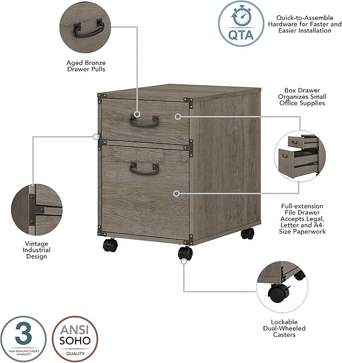 Bush Home Ironworks 2 Drawer Mobile File Cabinet in Restored Gray