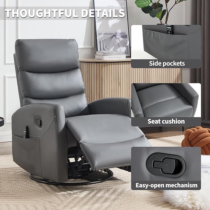 Manual Swivel Rocker Recliner Chair for Adults Overstuffed Reclining Glider Chair for Nursing with Vibration Massage &amp Heat Living Room Rocking Recliner 3-Stage backrest Faux Leather Gray