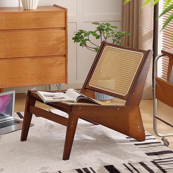 Welnow Mid Century Rattan Accent Chair Bamboo Wood Lounge Chair with Woven Cane Backrest Low Armchair for Living Room Bedroom Balcony or Reading Corner Walnut