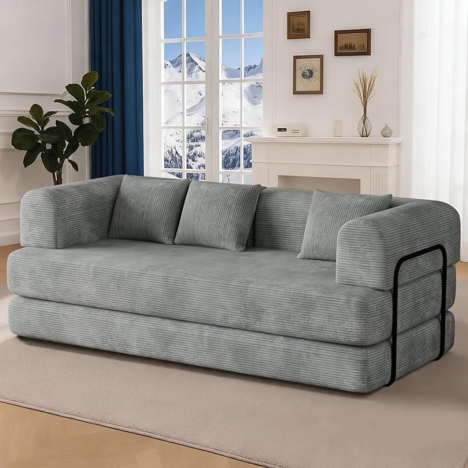 WENTMENT 80‘’Convertible Floor Sofa Bed for Living Room Boneless Couch with Deep Seat Corduroy Pull Out Sofa Bed with 3 Pillows Bedroom Apartment No AssemblyGrey