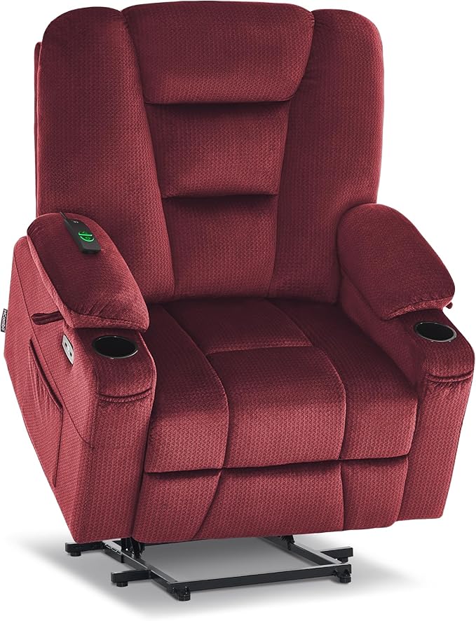 MCombo Oversized Power Lift Recliner Chair Sofa with Massage and Heat for Elderly People Petite USB Ports Side Pockets Fabric R7561 (Burgundy Small-Oversize)