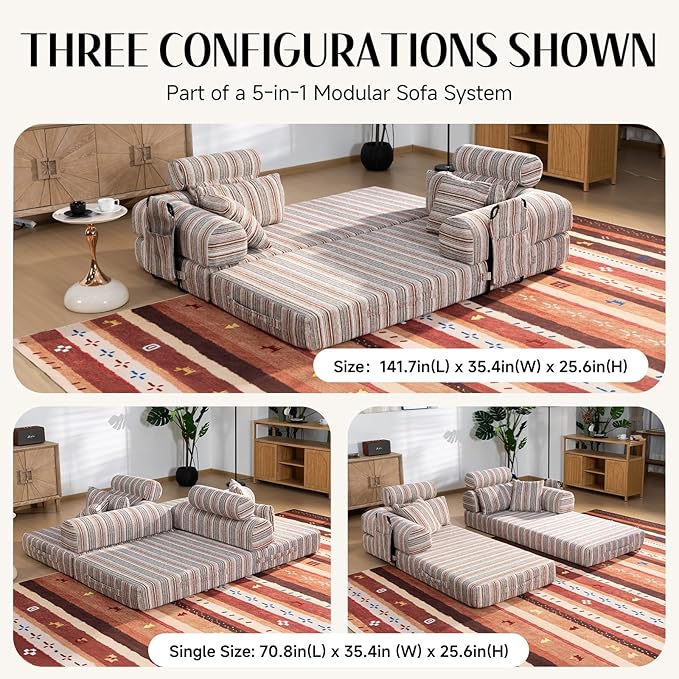 79 Corduroy Sofa Bed Sleeper Couch 6-in-1 Convertible Boneless Floor Futon Loveseat High-Density Foam Couch in a Box with 2 Headrest Pillows No Assembly Red and White