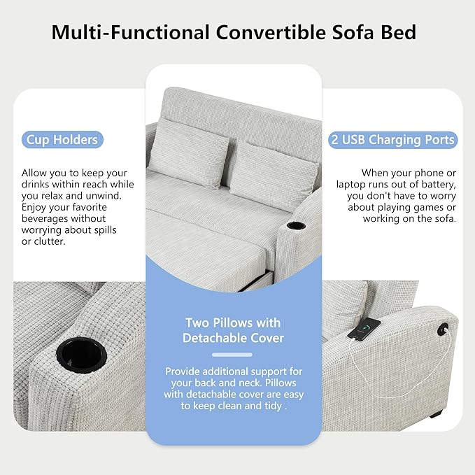Merax 61.6 Pull Out Sleeper Sofa Bed Modern Chenille Convertible Loveseat Sofa with Adjsutable Backrest 2 Pillows Cup Holders USB Ports for Living Room Apartment White+Gray