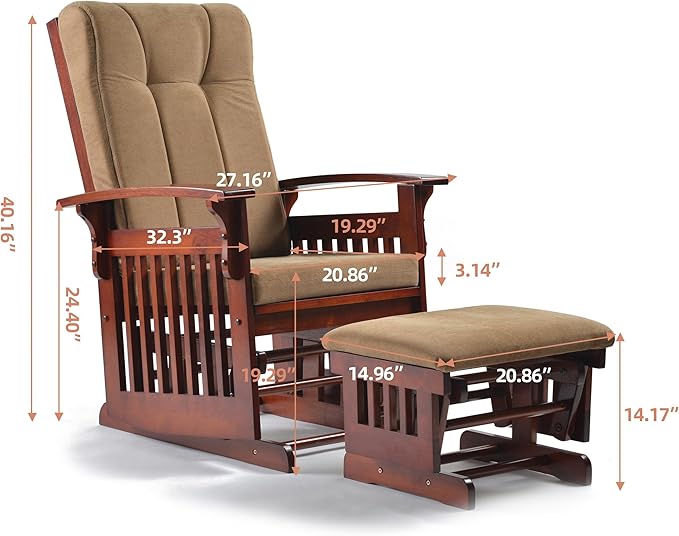 Solid Wood Glider Rocking Chair and Ottoman Set Rustic Nursery Glider Rocker with Padded Cushion Smooth Rocking Motion Indoor Living Room NursingNappingReading Coffee