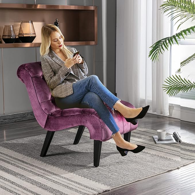 KINFFICT Velvet Accent Lounge Chair for Living Room Modern Leisure Chair with Tufted Backrest Indoor Armless Side Chair Upholstered Bedroom Sleeper Chairs with Solid Wood Legs