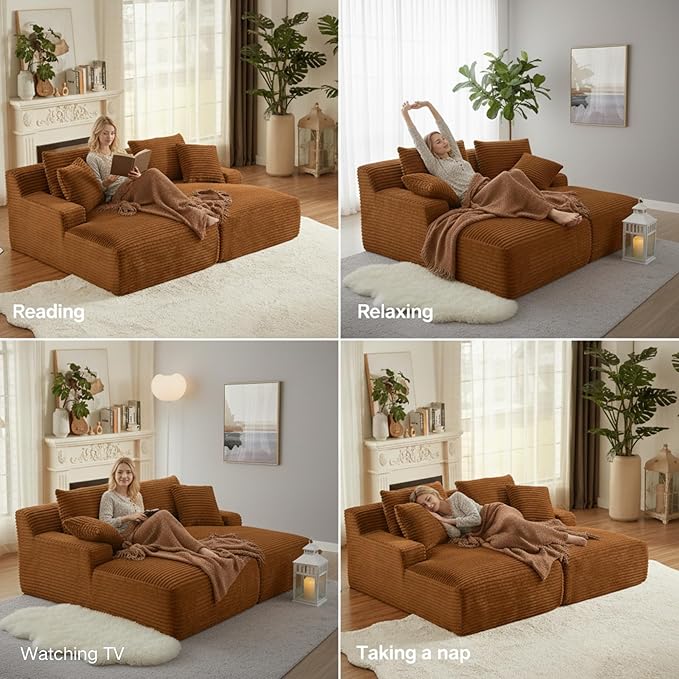 79 Double Chaise Lounge Chair Indoor: Oversized Comfy Corduroy Upholstered Boneless Couch with 4 Pillows for Living Room Bedroom and Apartment Deep Seat Sleeper Sofa 2-Seat Brown