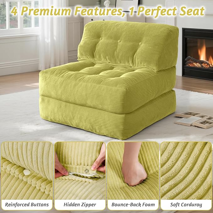HABUTWAY Folding Sofa Bed Convertible Sleeper Chair Bed with Pillow &amp Handle Foldable Mattress with Back Support Portable Single Couch Comfy Floor Sofa Lounge for Living Room Bedroom(Green)