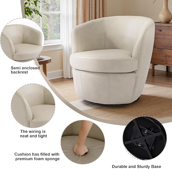 UIXE PU Leather Swivel Accent Chair Barrel Club Chair Comfy Upholstered Armchair for Living Room Modern Round Arm Chair Single Sofa Bedroom Reading Seats - Beige