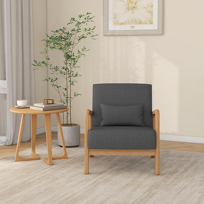 Accent Chair Mid Century Modern Armchair with Pillow Upholstered Lounge Sofa Reading Side Chair for Living Room Bedroom（Dark Grey Set of 1