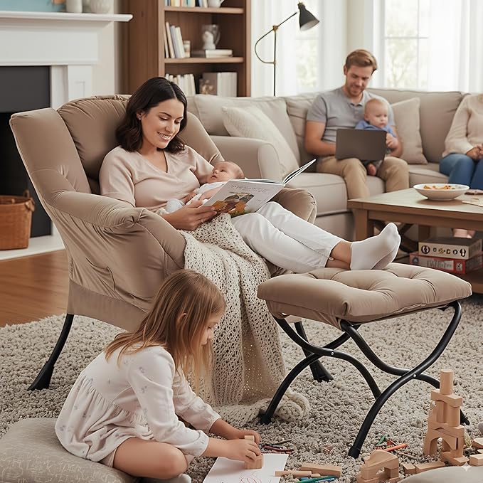 Lazy Chair and Ottoman Large Velvet Brown Accent Chair with a Side Pocket Modern Leisure Upholstered Sofa Reading Armchair with Footrest for Office Bedroom Living Room Dorm Rooms Balcony
