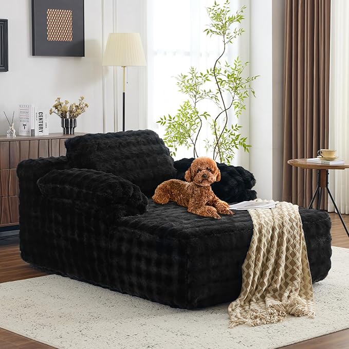 VINGLI 67.7 Oversized Chaise Lounge Chair Indoor Reading Chairs Comfy Bubble Fleece Upholstered Boneless Sofa Bed Sleeper Sofa Cloud Couches for Living Room Bedroom Play Room (Black)