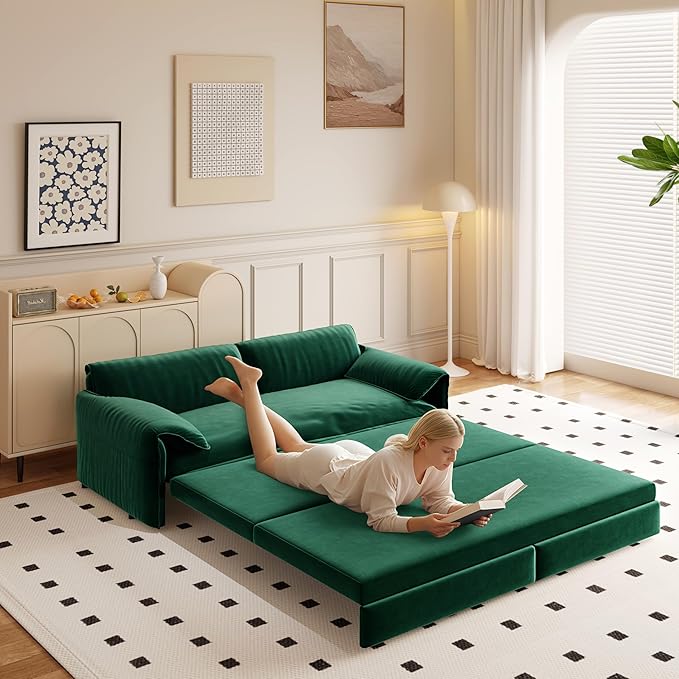 Futon Sofa Bed Queen Size66 Pull Out Sofa Bed with Side Storage Multi-Functional Velvet Sleeper Sofa for Living Room Bedroom Apartment Office Small SpaceGreen