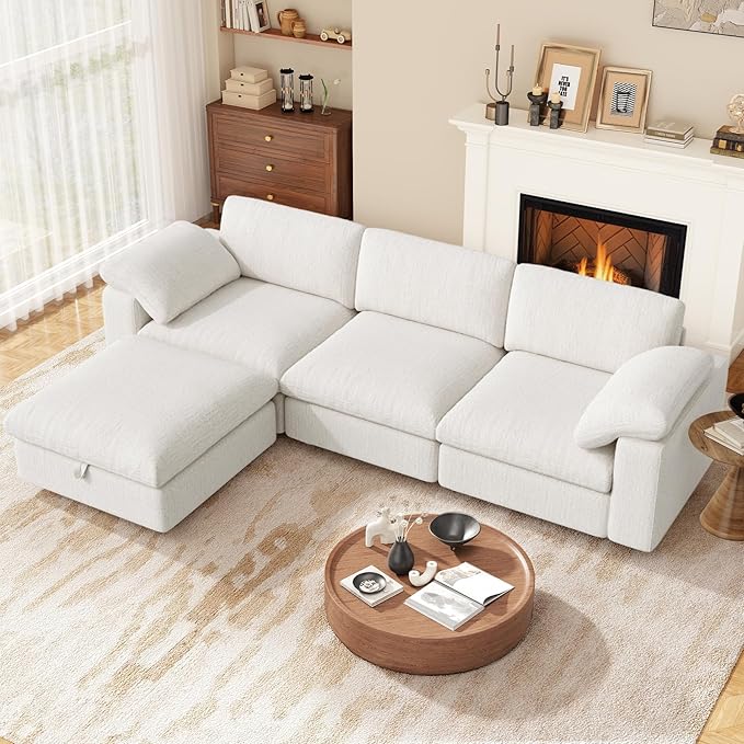 118 Oversized Modular Sectional Sofa L Shaped 3 Seaters with Storage Ottoman Cloud Couch Sofa Set Modern Convertible Chenille Deep Seat Sectional Couches for Living Room White 1 PCS