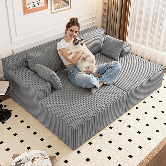 70.8 Oversized Double Chaise Lounge Indoor Upholstered Deep Seat Cloud Couch Corduroy Lounge Chair Modern Sofa Bed Loveseat Sleeper Chair for Living Room Bedroom Apartment Light Gray