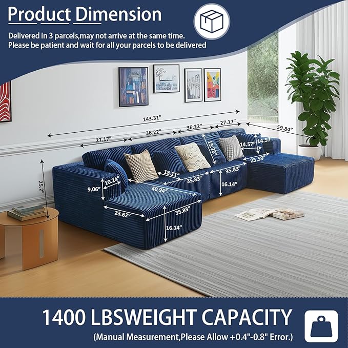143 Oversized Cloud Boneless Couch with Chaise Modern Modular Sofa with Deep Seat Various Combinations Upholstered Couches for Living Room No Assembly Required Blue