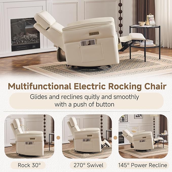 MELLCOM Power Recliner Rocking Chair Nursery Gliders with Adjustable Armrests and Headrest Swivel Electric Glider Reclining Nursing Chair with Storage Bags and USB Port FSC Certified(Beige Leather)