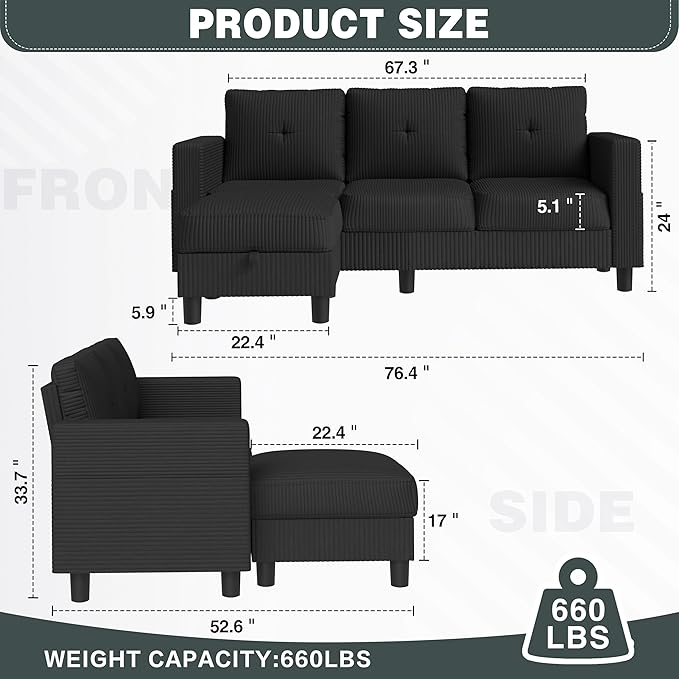 JY QAQA Convertible Sectional Sofa Couch with 3-Seat Sofa L-Shaped Ottoman Couch with Modern Linen Fabric for Small Living Room Apartment and Small Space(Black)